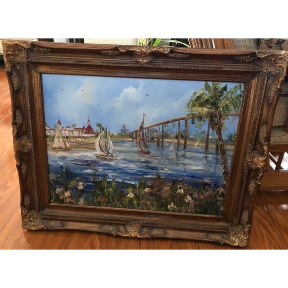 Original Oil Painting Jay Bird XL San Diego Hotel Del Coronado Seascape Framed - Picture 3 of 7